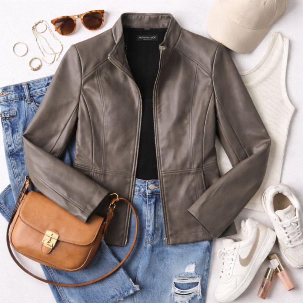Kenneth Cole Jacket Womens Grey Faux Leather High Collar Moto Zip-Front Size L - Picture 13 of 13